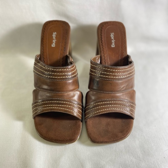 Spring Womens Slide Brown Leather Women Sandal Sz 7 Heel Summer Feminine Glam - Picture 2 of 9